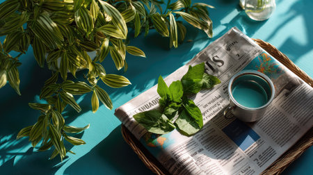A serene morning scene featuring a newspaper, fresh herbs, and a cup of tea on a bright blue table, creating a cozy and inviting atmosphere.の素材