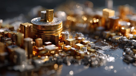 A stunning abstract representation of a golden cityscape, featuring geometric shapes and flowing patterns, ideal for concepts of luxury and modernity in design.の素材