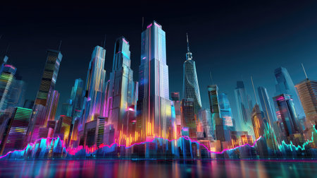 A stunning urban skyline featuring modern skyscrapers illuminated at night. Colorful graphs and data visuals reflect the dynamic world of finance and technology.の素材