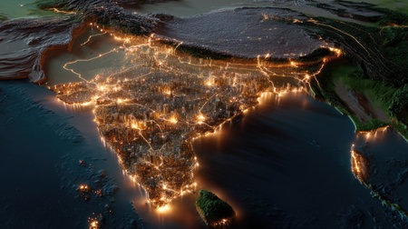 Captivating aerial image showcasing India at night, revealing a mesmerizing display of city lights amidst natural landscapes, reflecting the vibrant energy of the nation.の素材