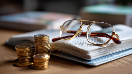 A focused arrangement of reading glasses on an open book beside stacks of coins, symbolizing the intersection of financial wisdom and education.の素材