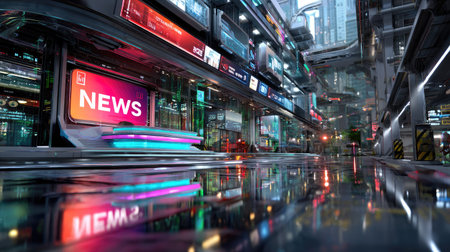 A captivating futuristic cityscape showcasing vibrant digital news screens, neon lights, and sleek architecture, reflecting a high-tech urban atmosphere.の素材