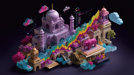 This captivating 3D illustration showcases a blend of historic architecture and modern data elements, ideal for topics on creativity, culture, and technology.の素材