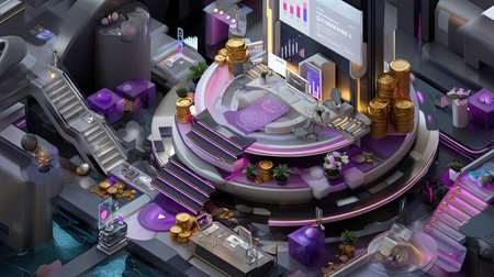 A vivid depiction of a futuristic financial hub showcasing digital assets, data visualization, and modern architecture ideal for investment and technology themes.の素材
