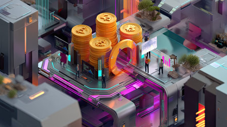 A vibrant futuristic city scene showcasing stacks of digital currency coins amid glowing neon lights. The illustration highlights technology and urban design, depicting a lively environment.の素材