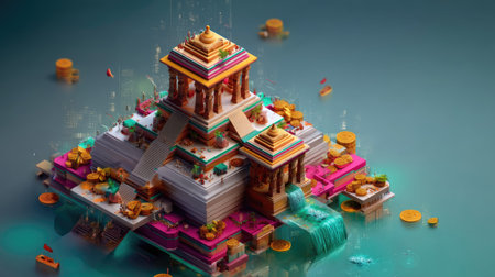 This vibrant digital illustration features an intricate temple structure adorned with golden coins and a peaceful waterfall, ideal for creative projects.の素材