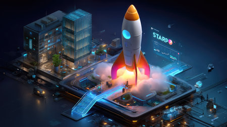 A stunning illustration showcasing a futuristic rocket launching amidst a vibrant cityscape at night, surrounded by neon lights and advanced technological elements.の素材