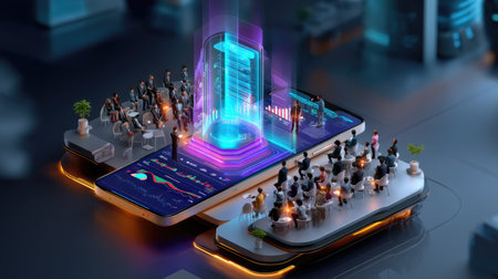 A vibrant digital illustration depicting a virtual conference setting, featuring a smartphone with 3D visuals and an engaging presentation style that enhances audience interaction and collaboration.の素材