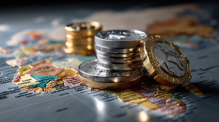 A captivating close-up of coins stacked on a world map, symbolizing financial growth and global opportunities in investment and commerce.の素材