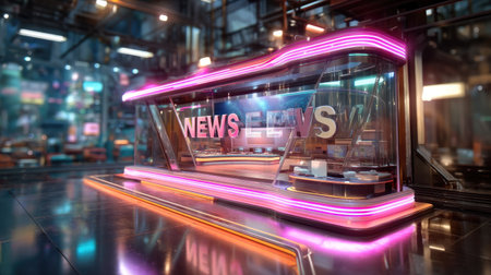 A vibrant modern news studio featuring bright neon lights and a sleek design, ideal for broadcasting and media production displays the future of communication.の素材