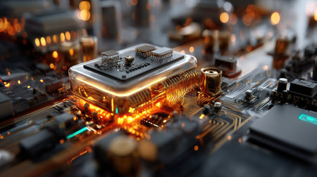 Explore the fascinating world of technology with this close-up image of a modern microprocessor on a circuit board, showcasing luminous components and intricate design details.の素材