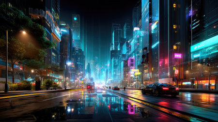 A stunning cityscape at night showcasing vibrant neon lights and sleek architecture, with wet streets reflecting the energetic urban atmosphere.の素材