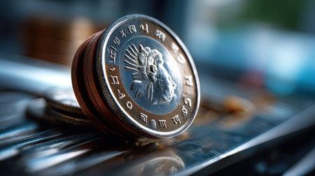 A striking close-up of a vintage coin featuring an intricate design and detailed surface, set against a softly blurred background that enhances its visual appeal.の素材