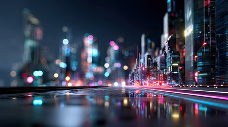 Captivating night cityscape showcasing neon lights reflecting on wet pavement, illustrating a vibrant urban environment full of technological beauty.の素材