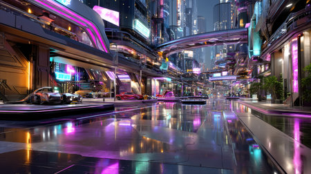 A stunning futuristic cityscape featuring vibrant neon lights and reflective streets. Advanced vehicles traverse a modern urban environment, creating a dynamic atmosphere.の素材