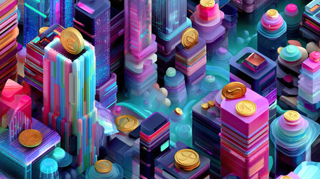 A vibrant, colorful depiction of a futuristic cityscape filled with glowing skyscrapers and digital coins. The scene captures innovation and urban life in a lively manner.の素材