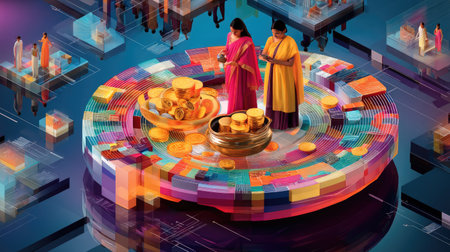 This captivating image showcases women engaged in traditional crafts amidst a colorful and dynamic platform, illustrating cultural heritage and artistic expression.の素材