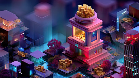 This vibrant digital artwork showcases a futuristic cityscape featuring neon lights, reflecting wealth through golden structures amid a mesmerizing urban landscape.の素材