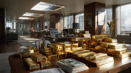 This image showcases a luxurious office filled with shiny gold bars and stacks of cash, reflecting an atmosphere of wealth and financial success. Modern design and decor enhance the opulent feel.の素材