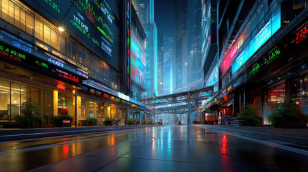 A captivating nighttime urban scene featuring illuminated buildings adorned with financial tickers. The reflective pavement adds an atmospheric touch, showcasing modern city life.の素材