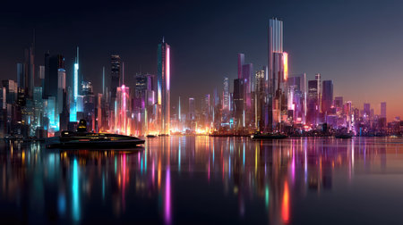 A stunning night view of a vibrant cityscape, showcasing modern skyscrapers illuminated with colorful lights. The serene water reflects the dazzling architecture, creating a picturesque scene perfect for travel and tourism themes.の素材