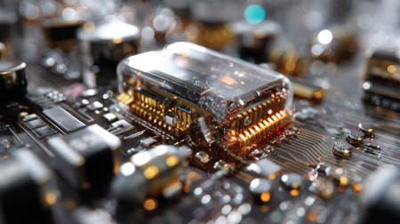 An intricate close-up view of a circuit board showcasing various electronic components, including a microchip. The detailed image highlights the connectivity and craftsmanship found in modern technology.の素材
