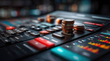 A detailed view of financial trading equipment featuring a stack of coins and colorful charts. The image captures the essence of investment and market analysis, ideal for finance-related projects.の素材