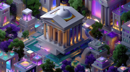 A captivating futuristic cityscape showcasing stunning architecture illuminated by vibrant neon lights. The scene is rich in detail, featuring ornate columns, lush trees, and shimmering water elements, creating a mesmerizing urban environment perfect for creative inspiration.の素材