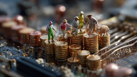 A unique blend of miniature farmers and golden coins on a circuit board signifies the merging of agriculture with technology, portraying innovation in rural economy.の素材