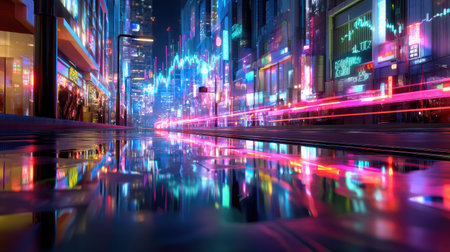 Explore a striking urban scene at night where neon lights illuminate the city streets. The wet pavement reflects vibrant colors, creating a dynamic atmosphere perfect for capturing the essence of modern city life.の素材