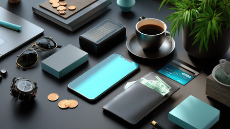 A beautifully arranged modern workspace featuring a smartphone, a cup of coffee, cash, coins, and stylish office accessories, perfect for productivity inspiration.の素材