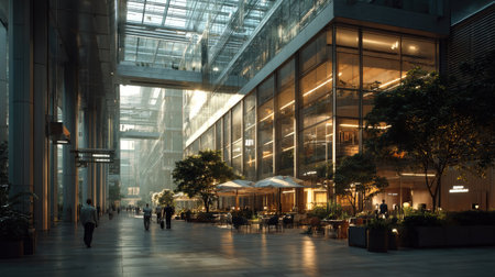 A beautifully designed modern urban workspace featuring striking glass architecture and lush greenery, creating a serene atmosphere for relaxation.の素材