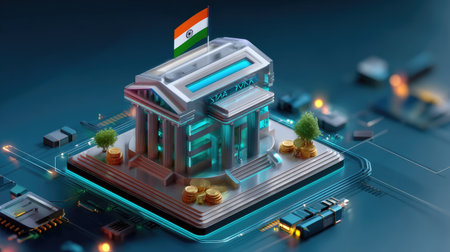 This digital illustration features a futuristic bank building with the Indian flag, surrounded by coins and circuit patterns, symbolizing modern finance and innovation.の素材