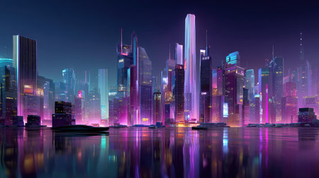 A breathtaking nighttime view of a futuristic city skyline adorned with neon lights. Skyscrapers tower against a serene water surface, reflecting vibrant colors.の素材