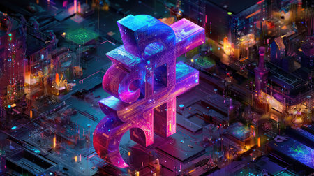 This vibrant digital artwork showcases an abstract display of shapes and neon lights within a futuristic cityscape, creating an immersive experience.の素材