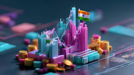 This vibrant digital artwork features financial charts and coins, representing economic growth, investment analytics, and technology in statistics.の素材