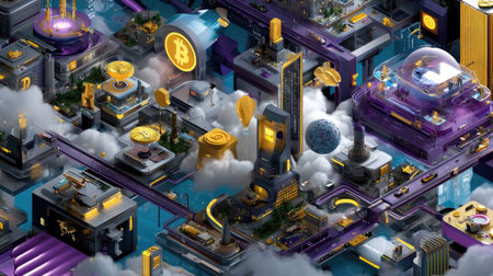 This vibrant digital illustration showcases a surreal cityscape filled with cryptocurrency elements, towering structures, and abstract designs, emphasizing innovation.の素材