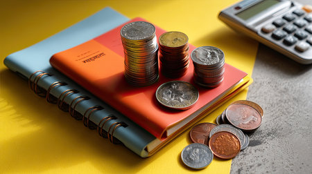 A vibrant office setting showcasing stacks of coins on colorful notebooks and a calculator, ideal for financial planning, budgeting, and money management themes.の素材