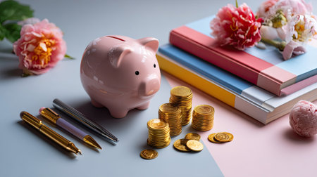 A charming arrangement featuring a pink piggy bank surrounded by piles of gold coins, colorful books, and elegant pens, perfect for finance themes.の素材