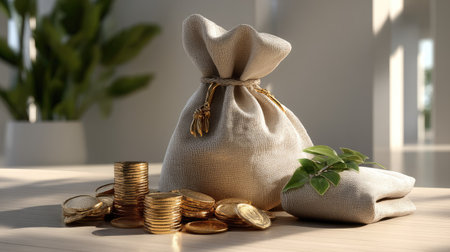 A beautifully arranged scene featuring a cloth money bag, scattered coins, and a vibrant green leaf, creating a warm and inviting atmosphere.の素材