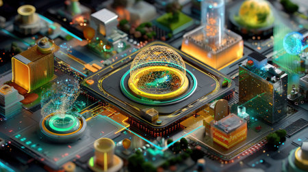 A vivid digital cityscape featuring neon lights and advanced technological structures, symbolizing innovation, connectivity, and modern design trends in architecture.の素材