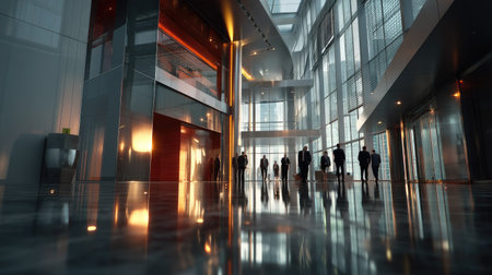 A sleek modern office lobby featuring large glass facades and polished flooring, reflecting silhouettes of business professionals in elegant attire.の素材