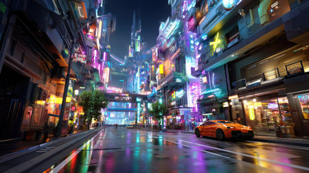A vibrant futuristic cityscape at night featuring dazzling neon lights, reflective streets, and a sleek modern car, creating an electrifying atmosphere.の素材