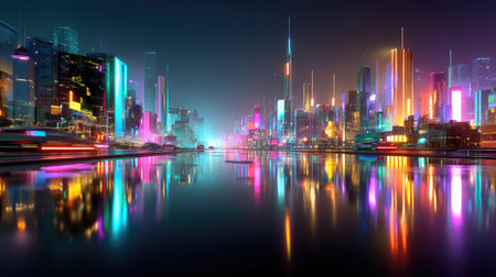 A stunning urban night scene showcasing a vibrant city skyline illuminated by colorful neon lights reflecting on calm waters, creating a magical atmosphere.の素材