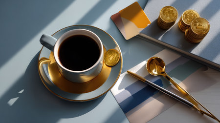 A stylish setup featuring an elegant coffee cup with a gold rim, accompanied by decor items and a golden spoon, inviting a moment of relaxation.の素材