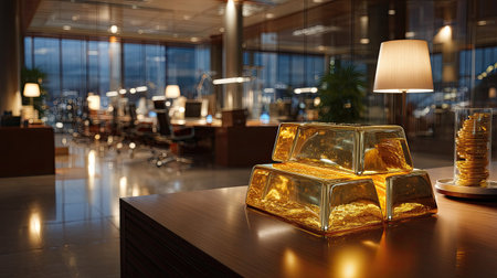 A stunning scene featuring glimmering gold bars displayed on a polished table in a contemporary office environment at night, emphasizing luxury and wealth.の素材