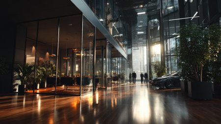 This image showcases a modern office interior featuring large glass windows that fill the space with natural light, elegant furniture, and lush plants, creating a sophisticated workspace perfect for professional activities.の素材