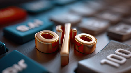 Close-up view of a golden percentage symbol resting on a calculator button, highlighting modern design elements and colorful numeric keys for financial calculations.の素材