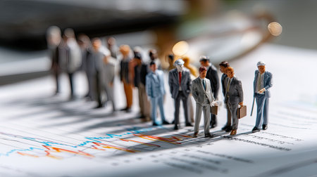 Miniature figures representing business professionals engage in analyzing financial data and trends on paper graphs, reflecting teamwork and strategy in an office setting.の素材