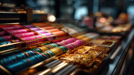 A stunning array of colorful bangles and intricate gold jewelry displayed in a lively market setting showcases the rich culture of adornment and craftsmanship.の素材